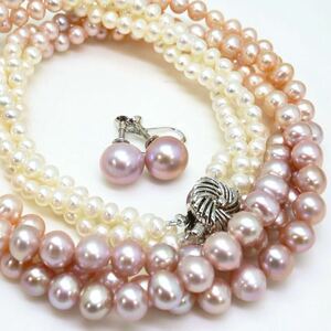 良品!!＊本真珠3連ネックレス、イヤリング＊m 約72.3g 約47.0cm パール pearl necklace earring jewelry silver DA0/DB0