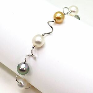 ＊マルチカラー南洋真珠ブレスレット＊m 12.5g 23.0cm 8.0~8.5mm珠 黒蝶 白蝶 ゴールデン jewelry bracelet DA1/DG1