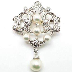 良品!!＊K14WG アコヤ本真珠/天然ダイヤモンドブローチ＊m 約6.9g 4.0~7.0mm珠 パール pearl diamond jewelry broach ED4/ED6