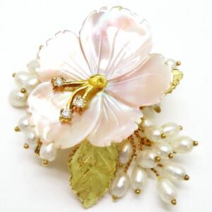 *K18 natural diamond /book@ pearl / shell brooch *m 11.1g 0.06ct pearl pearl accessory broach jewelry EE8/EE8