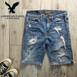 ★AMERICAN EAGLE アメリカンイーグル★USED クラッシュ 加工 デニム ハーフパンツ ショートパンツ W28 S113