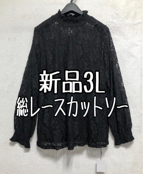 新品☆3L黒系♪総レースカットソー♪1枚持っておくと便利♪☆b792