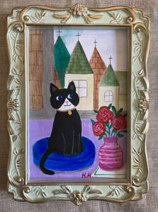 白黒はちわれ猫の絵 イラスト ヨーロッパの街 直筆 アクリル ネコ ハンドメイド インテリア 薔薇 4