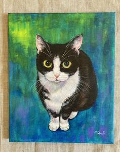 Art hand Auction Black and white tabby cat painting, acrylic painting, cat, interior, genuine work 567, Painting, watercolor, Animal paintings