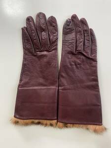 [ beautiful goods ] Italy Gloves lady's leather glove fur design brown group leather gloves silk lining size 7