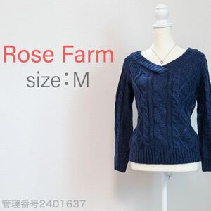 【送料無料】Rose Farm(しまむら)ケーブル編み長袖ニット　ラメ入り　バックリボン　プルオーバー　トップス　ネイビー　M