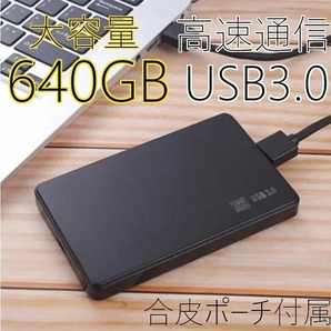 ★640GB★高速通信 USB3.0 ポータブル 外付けHDD Win11/Win10/Win8/Win7/Mac/PS4/PS5/XBox/テレビ録画 対応 合皮ポーチ付属の画像1