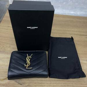 送料無料S85351 イヴサンローラン キャビアスキン コンパクト 二つ折り 財布 ブラック YSL