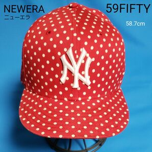 ニューエラ 59FIFTY 帽子 キャップ MLB ニューヨーク ヤンキース 赤 ドット 水玉 レッド 野球帽 NewEra 中古