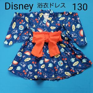 Disney 浴衣ドレス ワンピース 帯 セット 130 紺 青 ミニー 虹 果物 スカート 綿 女児 かぶり 浴衣 ディズニー