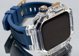 TBN★クリア ネイビー★アップルウォッチバンド ラバーベルト カバー Apple Watch クリア ケース 40mm 41mm 44mm 45mm 4ネジ スポーツ