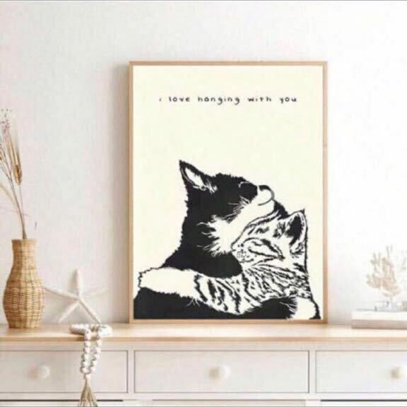 抱きしめあうネコたち　アートポスター　インテリア　リビング　玄関　トイレ　シンプル　モノトーン　ディスプレイ　猫好き　プレゼント