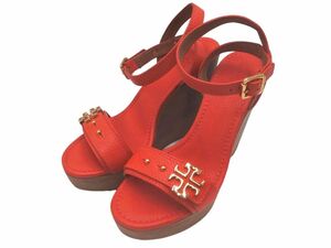  new goods Tory Burch ELINA original leather kau leather ankle strap Wedge sole sandals size8/ orange #** * eeb6 lady's 