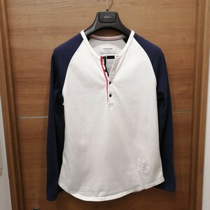 THOM BROWNE トムブラウン 日本製 トリコロール ヘンリーネック カットソー ネイビー ホワイト 紺 白 長袖 Tシャツ トップス ロンT シャツ