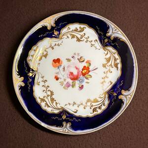  rare ro gold chewing gum cake * plate hand paint rose. bouquet cobalt & gold paint equipment ornament England antique 1835 year about 
