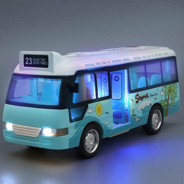 バス 市バス ミニカー 合金 ブルー ライト サウンド付き 15cm 自走式 開くドア 金属 ミニチュア 完成品 おもちゃ t332