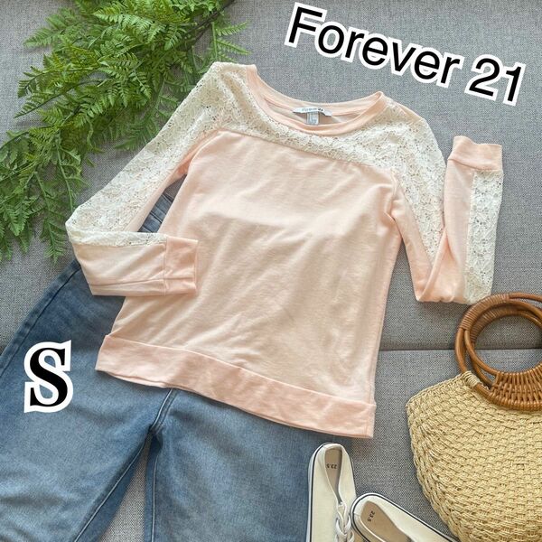 Forever21フォーエバー21カットソーレース透け感ありピンク白S春トップス