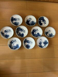  blue and white ceramics small plate Japanese-style tableware Taisho romance, pine, crane. map,10 sheets 