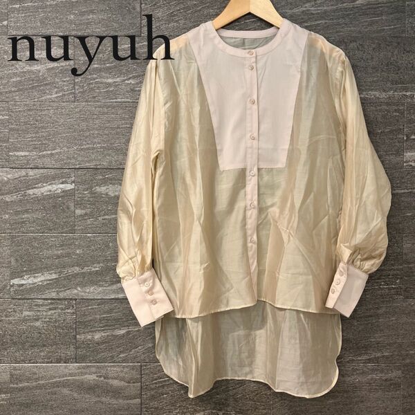 極美品 nuyuh ウユ ノーカラーリネン混ロングシャツ シースルー