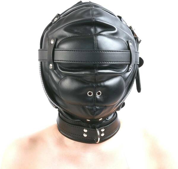 視界ゼロ! 全頭マスク レザーマスク ブラック ベルト付きタイプ ボンデージ SM 拘束 コスプレ マスク
