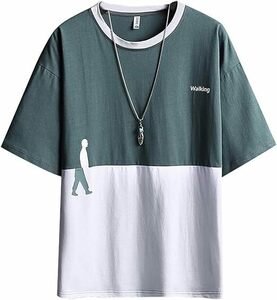 カラーブロック Tシャツ メンズ 半袖 ゆったり カットソー tシャツ　サイズXL　ダークグリーン