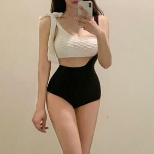 L size swimsuit bai color One-piece bikini asimeto Lee white black One-piece swimsuit lady's 