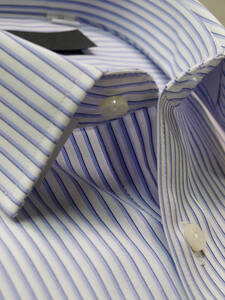 ◇M/38-82白*青紫+黒ストライプ/レギュラーカラー/形態安定/綿100%/長袖ビジネスワイシャツ/新品即決