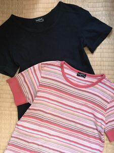 ★お得!!MargaretHowellマーガレットハウエル 半袖ボーダーコットンTシャツⅡブラックコットンリネン 2枚セット★中古/黒/赤系/綿/麻