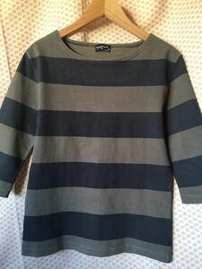 ★MargaretHowellマーガレットハウエル 七分袖 コットンボーダーTシャツⅡ★中古/綿/黒/緑/カットソー 