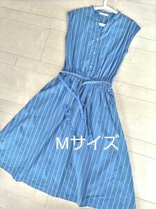 ストライプ ワンピース M キーネック フレンチスリーブ