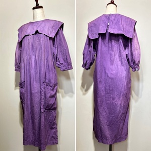 イタリア製 io mamma ヴィンテージ ドレス スクエアカラー ロングワンピース 紫 パープル ボリューム袖 42 七分袖 ヨーロッパ古着 