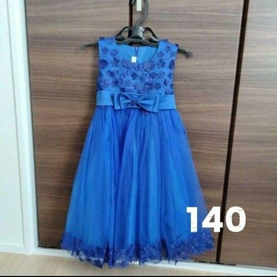 ドレス 発表会 女の子 レース　ブルー　140
