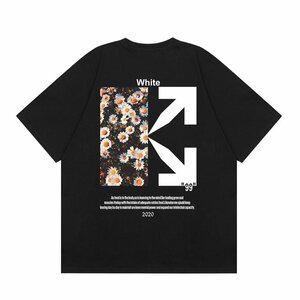 オフホワイト Off White 黒 半袖Tシャツ 半分ARROW 花柄 男女兼用 半袖シャツ カットソー 夏 トップス　Lサイズ