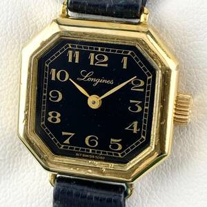 [1 jpy ~]LONGINES Longines wristwatch lady's hand winding black face Gold antique moveable goods 