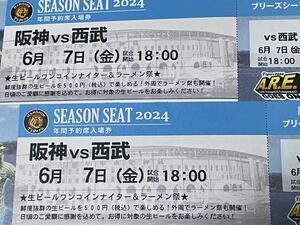 甲子園球場　6月7日（金）阪神ｖｓ西武　３塁側　ブリーズシート　通路側連番２枚１組