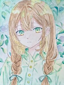 同人　手描きイラスト　A4 透明水彩　新緑の少女　　オリジナル　　