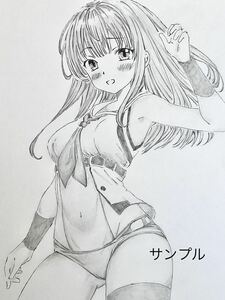 同人　手描きイラスト　A4 オリジナル少女①　モノクロ　鉛筆画　パンチラ