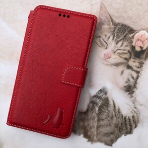 iPhone 15 レッド 親子猫焼印！高級レザー手帳ケース