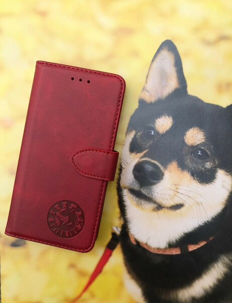 iPhone 7/8/SE2/SE3 レッド 柴犬焼き印！スムースレザー手帳型ケース
