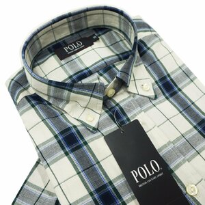 【 半袖・ＢＤシャツ 】ＰＯＬＯ ★ オフホワイトに紺と緑のチェック ★ 綿100％ ★ ボタンダウン・左胸ワンポイント刺繍ポケット ★ Ｍ