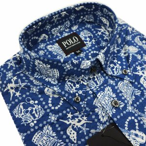 【 半袖・ＢＤシャツ 】ＰＯＬＯ ★ 生成り地にブルーの特殊柄 ★ 綿100％ ★ ボタンダウン・左胸ワンポイント刺繍入りポケット ★ Ｍ