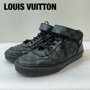 P0013★6 Louis Vuitton ルイヴィトン ダミエ 総柄 メンズ レザー ハイカット スニーカー シューズ 靴 黒 ベルクロ GO 0151 8 1/2