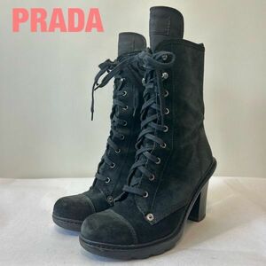 Y0013★8 PRADA プラダ スポーツ archive レザー 厚底 ヒール ブーツ トレッキング ボンテージ レースアップ コンバットブーツ 黒 39 1/2