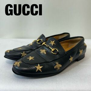 G0036★10 高級 近年モデル GUCCI グッチ 総柄 ロゴ 刺繍 レザー 本革 ビットローファー 革靴 シューズ 靴 黒 金 メンズ 39size