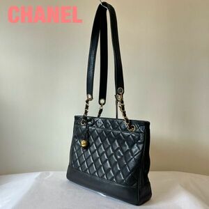 ★50 高級 CHANEL シャネル マトラッセ キルティング レザー 喜平チェーン 黒金 セミショルダー ハンド トート バッグ 鞄 CC ココマーク