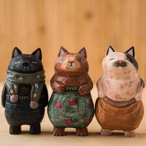 置物 猫 オブジェ インテリア ネコ ラッキーキャット　手作り木製猫の置物 デスクトップデコレーションインテリア小物 郷土玩具