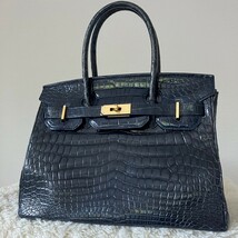  シャイニングクロコダイルcrocodile　ハンドバッグ　バッグ　ネイビー　ゴールド金具　シャイニングクロコ_画像1