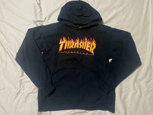 ★THRASHER スラッシャー★ファイアーパターンロゴ スウェットパーカー ブラックSサイズ USED