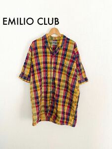 【インド綿】EMILIO CLUB オープンカラー 半袖シャツ チェック シワ加工 ビンテージ Vintage メンズ 紳士服 カジュアル　春夏