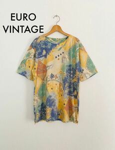 【Euro80’s-90’s】ビンテージ カットソー Tシャツ トップス 半袖 古着 総柄 アート ゆったり 卸　端切れ　布　リメイク　素材